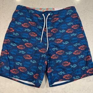 NWT St. John's Bay Swim Shorts Men's Large Navy Blue Fish-Print Lined Layered